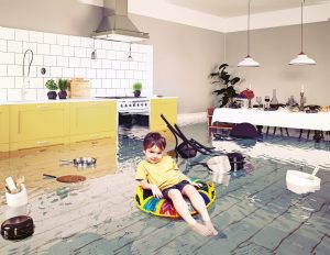 boy in the flooded room. Media elements mixed