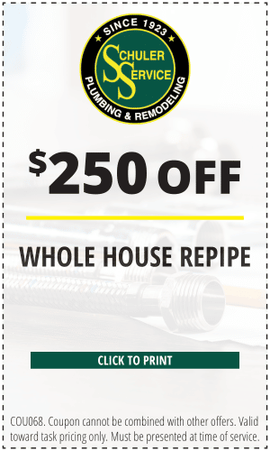 $250 off whole house repipe. Click to print. COU068. Coupon cannot be combined with other offers. Valid toward task pricing only. Must be presented at time of service.