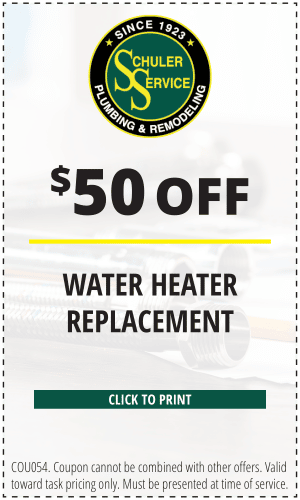 $50 off water heater replacement. Click to print. COU054. Coupon cannot be combined with other offers. Valid toward task pricing only. Must be presented at time of service.