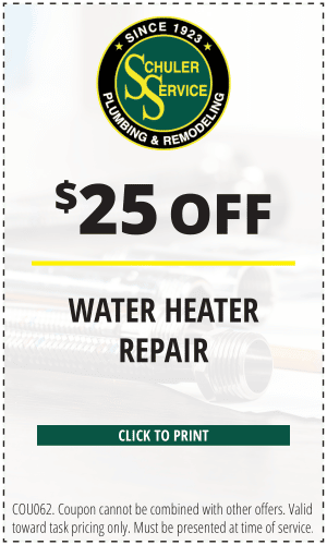 $25 off water heater repair. Click to print. COU062. Coupon cannot be combined with other offers. Valid toward task pricing only. Must be presented at time of service.