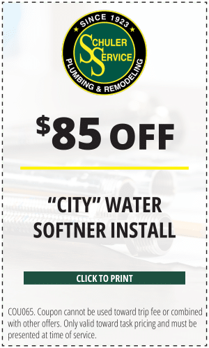 $85 off "city" water softner install. Click to print. COU065. Coupon cannot be used toward trip fee or combined with other offers. Only valid toward task pricing and must be presented at time of service.