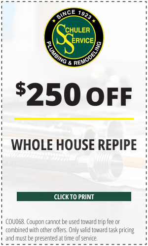 $250 off whole house repipe. Click to print. COU068. Coupon cannot be used toward trip fee or combined with other offers. Only valid toward task pricing and must be presented at time of service.