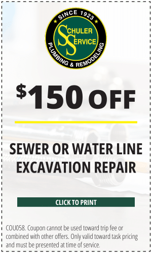 $150 off sewer or water line excavation repair. Click to print. COU058. Coupon cannot be used toward trip fee or combined with other offers. Only valid toward task pricing and must be presented at time of service.